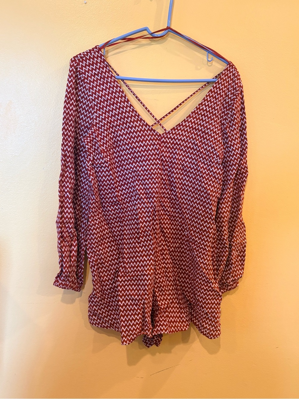 V-Neck Zigzag Print romper in Burgundy and White
